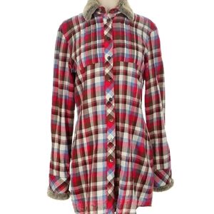 Cozy Plaid Button Down Shirt - Red, Brown, and Blue
